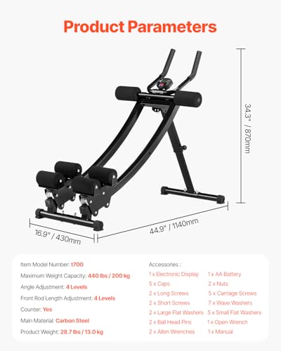 VEVOR AB Workout Machine, Ab Workout Equipment at Home Gym, Core & Abdominal Trainers for Women, 440 lbs Weight Capacity Strength Training Ab Cruncher, Foldable Adjustable Fitness Exerciser