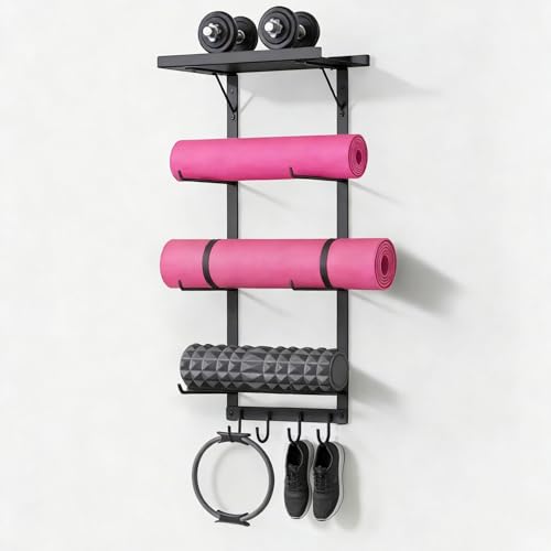 Black Wall Mount Yoga Mat Holder with Floating Shelf & 5 Hooks, Home Gym Storage Rack for Yoga Mats, Foam Rollers and Resistance Bands, Metal