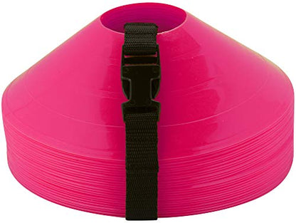 Disc Cones – Set of 25 Agility Cones for Sports Training – 2" Tall, 7" Base Soccer Cones with Carry Strap for Drills & Practice - color: Pink (25 count)