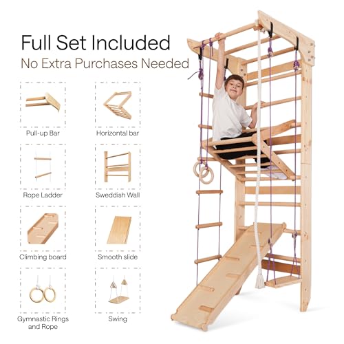 Wooden Swedish Ladder Wall Set – Kids Stall Bars for Exercise – Kids Swedish Gymnastic Wall Gym – Wood Stall Bar Gymnastics Playground – Best Gym for All Family - color: Wood