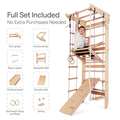 Wooden Swedish Ladder Wall Set – Kids Stall Bars for Exercise – Kids Swedish Gymnastic Wall Gym – Wood Stall Bar Gymnastics Playground – Best Gym for All Family - color: Wood