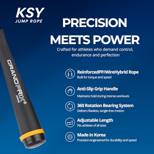 Jump Rope for Men and Women (Grand Prix Ultra Speed Series) – Adjustable Wire Rope for CrossFit, Boxing, and Fitness Training – Smooth, Fast, Tangle-Free Rotation (Made in Korea) - color: Black/Yellow