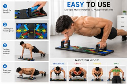 Push Up Board Fitness System, Portable Home Gym Workout Equipment with Resistance Handles, for Chest, Shoulders, Triceps & Back