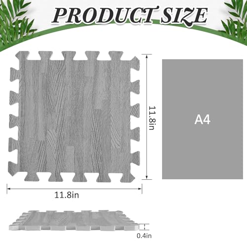 Patelai 32 Pcs Interlocking Foam Mats, 11.8 x 11.8 Inch Wood Grain Foam Floor Tiles, EVA Puzzle Play Mat for Kids Playroom, Nursery, Home Gym, Bedroom, Grey