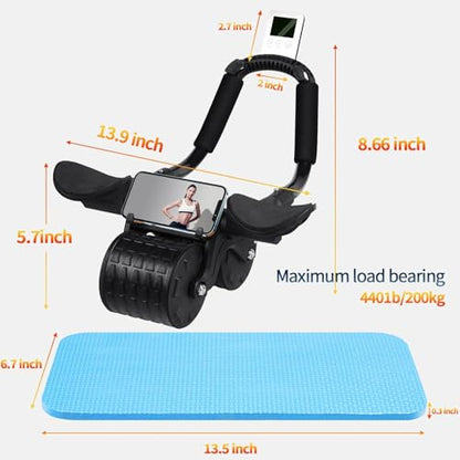 Ab Roller Exercise Wheel with Phone Mount, Timer, Knee Mat, Elbow Support, Core Strength Training Equipment, Black