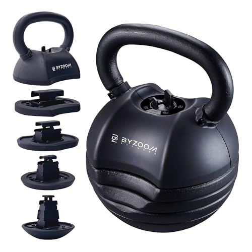 BYZOOM FITNESS Pure Series Adjustable Kettlebell 30/40/50LB - 5-IN-1 Weight Change, Patented Quick-Change Machenism, Ergonomic Curved Handle for Home Gym, Strength Training, HIIT, White OR Black - color: 30LB Black