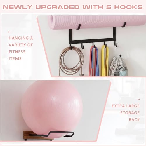 Yoga Mat and Ball Holder Wall Mount, 4-Tier Yoga Mat & Ball Storage Rack, Home Gym Organizer, Black Metal Floating Shelf for Hanging Foam Rollers & Resistance Bands(5 Hooks Style,Wood Color)