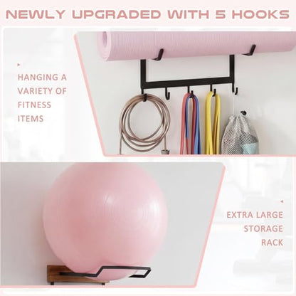 Yoga Mat and Ball Holder Wall Mount, 4-Tier Yoga Mat & Ball Storage Rack, Home Gym Organizer, Black Metal Floating Shelf for Hanging Foam Rollers & Resistance Bands(5 Hooks Style,Wood Color)