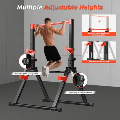 SogesHome Foldable Power Tower Dip Stand Pull Up Bar for Home Gym Exercise - color: Black Red