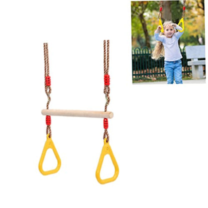 Trapeze Swing Bar Wooden Hanging Hoop Gymnastic Swing Rings with Adjustable Straps Yellow Trapeze for Kids