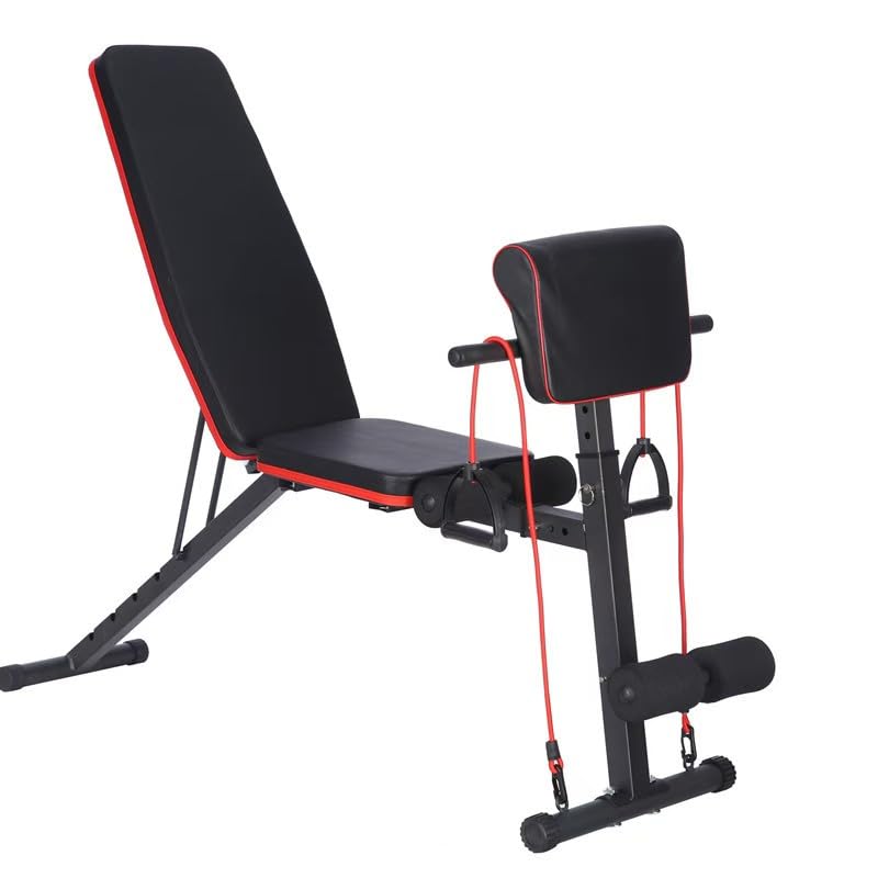Mobiclinic®, Weight Training Bench with Resistance Straps, Foldable, with Wheels, Multifunction Bench Press, Adjustable, Tilt and Tilt, up to 120 kg, Planefit, Fitness at Home
