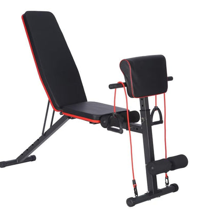 Mobiclinic®, Weight Training Bench with Resistance Straps, Foldable, with Wheels, Multifunction Bench Press, Adjustable, Tilt and Tilt, up to 120 kg, Planefit, Fitness at Home