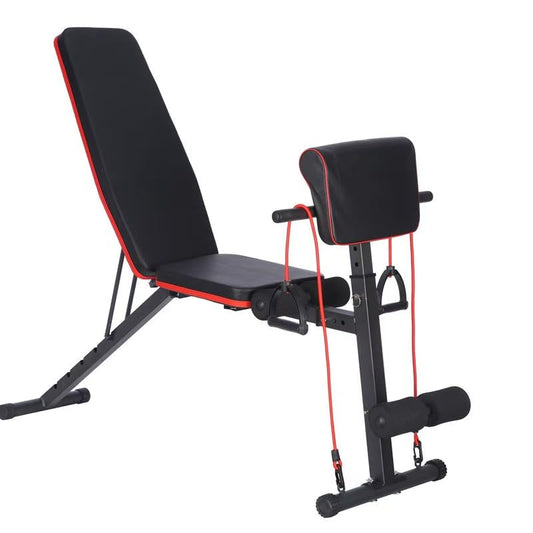 Mobiclinic®, Weight Training Bench with Resistance Straps, Foldable, with Wheels, Multifunction Bench Press, Adjustable, Tilt and Tilt, up to 120 kg, Planefit, Fitness at Home