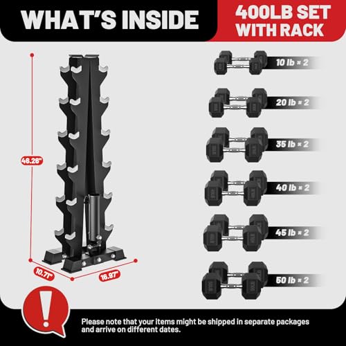 Hex Dumbbell Sets with Rack, 85-560lb Dumbbell Weight Set & Storage Rack - size: 400lb (10, 20, 35, 40, 45, 50lb)x2 & T-Bar Rack