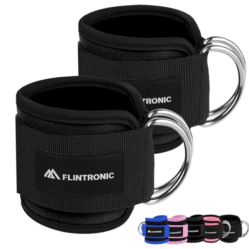 flintronic 2Pcs Ankle Straps for Cable Machine, Gym Cuffs with Double Stainless Steel D-Ring, Gym Ankle Cuff with Adjustable Neoprene Ve-lcro, Muscle Shaping for Men and Women - Black