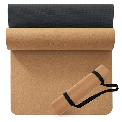 Premium Cork Yoga Mat 1/4 & 2/5 Inch Thick 72 x 26 in, Thick Cork and TPE Non Slip Yoga Mats for Women Men, Sweat Proof Eco-friendly, Great for Hot Yoga & Workouts