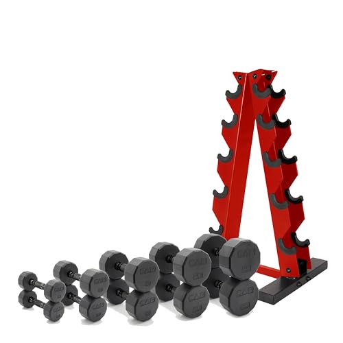 CAP Barbell 150 LB Coated Hex Dumbbell Weight Set with Vertical Rack | Multiple Options - color: Red Rack, style: 12-Sided Black Handle