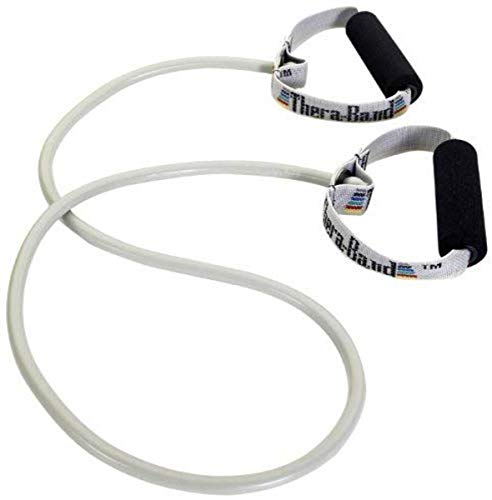THERABAND Resistance Tubing with Soft Handles, Silver, Super Heavy Level, 50" Latex Stretch Resistance Bands for Exercise, Professional Workout Bands for Upper & Lower Body, Color-Coded Levels