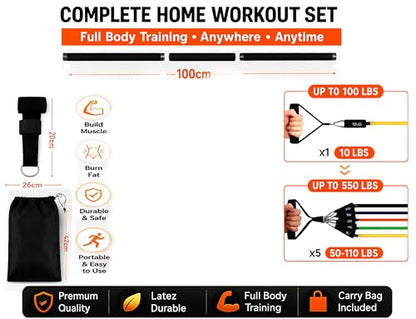 Resistance Bands Set with Steel Bar - 5 Tube Bands, Door Anchor, Handles, Ankle Straps & Carry Bag, Full Body Home Gym Kit
