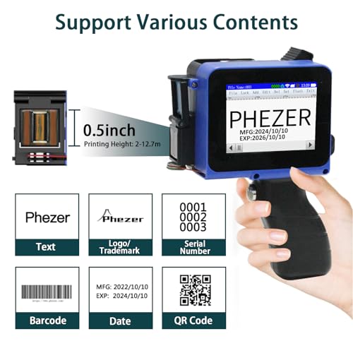 Phezer Mini Handheld Inkjet Printer PC11 for Flat and Curved Surface, with Touch Screen and Quick-Drying Ink Cartridge, Portable Pocket Marking Device for Label/Date/Barcode/Logo/Qrcode/Batch Number - color: PC11 Mini Printer