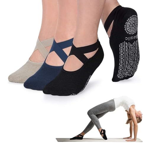 Ozaiic Pilates Socks for Women Non Slip Grip Yoga Barefoot Indoor Workout - color: 3 Pairs - Olive Green/Black/Navy