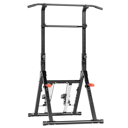 Power Tower Pull Up Station, soges Foldable Pull Up Bar Dip Station with Stair Stepper, Adjustable Free Standing Strength Training Equipment for Home Gym, Multi-Function Workout Tower