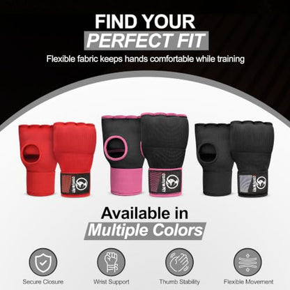 Kombat Gel Boxing Hand Wraps, Padded Inner Gloves for Men & Women, 75cm Quick Wrist Wraps, Knuckle & Wrist Protection for Muay Thai, MMA, Kickboxing, Martial Arts, Punching Training
