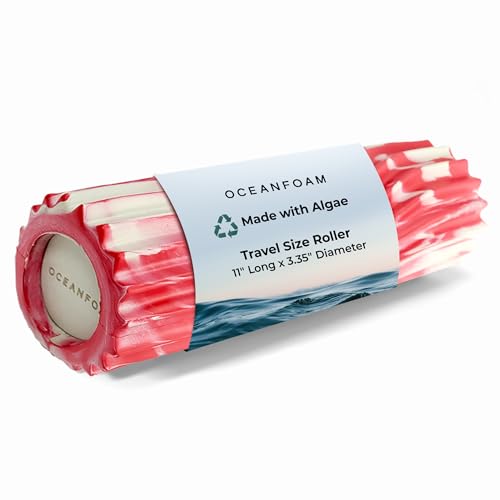 Ripple Travel Foam Roller (11" x 3.35") Firm Mini Foam Roller for Physical Therapy, Deep Tissue Massage, Back Pain - High Density, Ergonomic Wave Textured - Yoga, Exercise (Red Marbled) - color: Red Marbled