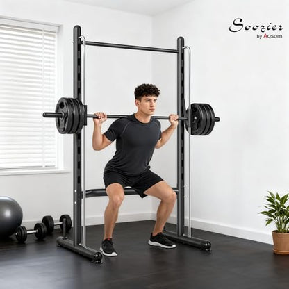 Soozier Squat Rack with Pull-Up Bar, Adjustable Power Rack with Barbell Bar, Multi-Functional Steel Bench Press Rack for Home Gym Strength Training, Black