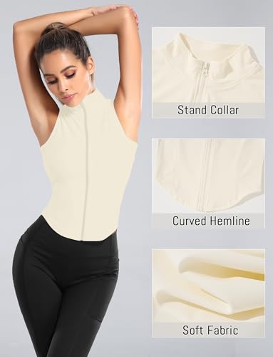 FEOYA Women Sleeveless Athletic Tank Top Shirts Full Zip Up Tshirt for Yoga Running Fitness Exercise - color: Upgrated Beige, size: Medium