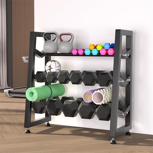 3 Tier Weight Rack for Home Gym Dumbbells, Universal Dumbbell Rack with Adjustable Width Rails, Heavy Duty Angled Storage Stand for Kettlebells & Hand Weights (Rack Only)