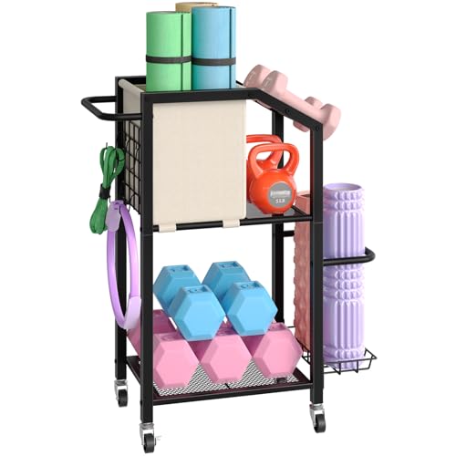 HOOBRO Dumbbell Rack, Weight Rack for Dumbbells, Yoga Mat Storage Rack, Home Gym Storage Rack for Dumbbells Kettlebells Foam Roller, Workout Storage Organizer with Wheels & Hooks, Black BE85CJ01N1
