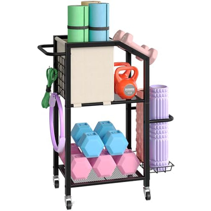 HOOBRO Dumbbell Rack, Weight Rack for Dumbbells, Yoga Mat Storage Rack, Home Gym Storage Rack for Dumbbells Kettlebells Foam Roller, Workout Storage Organizer with Wheels & Hooks, Black BE85CJ01N1
