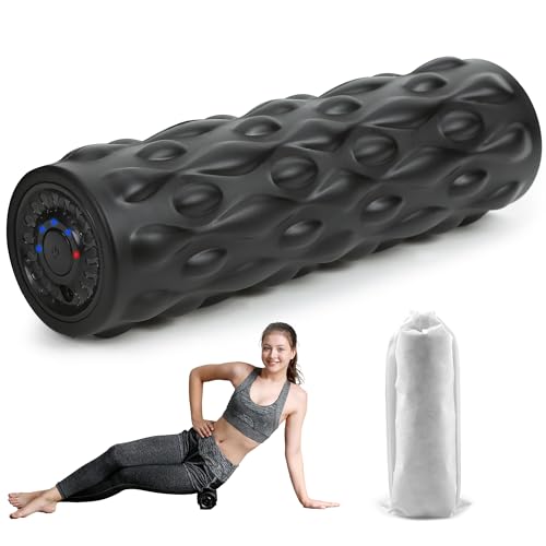 High-Density Vibrating Foam Roller Black with 4 Customizable Speeds for Deep Tissue Massage, Muscle Recovery and Pain Relief -Rechargeable with Portable Bag