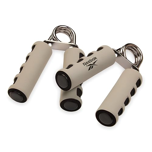 Reebok 2-Pack Hand Grips, Spring Coiled Wrist, Fingers & Forearm Strength Trainer with Soft Foam Handles, Improves Grip Strength, Resistance Hand Gripper for Manual Exercises & Rehab - color: Grey/Black