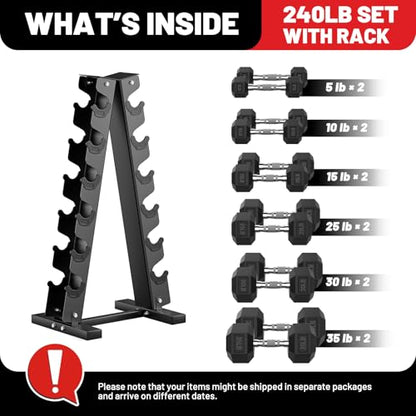 PAPABABE Hex Dumbbell Set with Rack, 85-560lb Rubber Encased Dumbbell Free Weights Dumbbells Set with Storage Rack, Hand Weights Set for Strength Training - style: 240lb (5, 10, 15, 25, 30, 35lb)x2& Rack