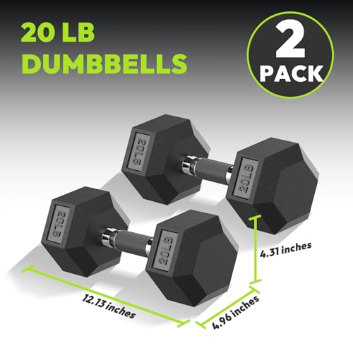 HANDBODE Hex Rubber Dumbbells - Enhanced Grip for Secure & Ergonomic Hold - Ideal for Strength Training and Home Gym Workouts, 20 LB Pair