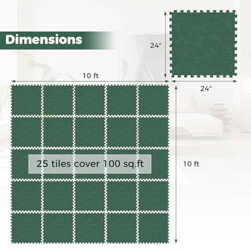 Tangkula 25 Pack-100 Sq.Ft. Foam Floor Tiles, Interlocking Carpet Tiles with Edge Borders, 24" × 24" Puzzle Exercise Mats for Living Room, Bedroom and Office (Green, 100 Sq.Ft.)