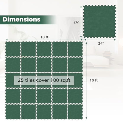 Tangkula 25 Pack-100 Sq.Ft. Foam Floor Tiles, Interlocking Carpet Tiles with Edge Borders, 24" × 24" Puzzle Exercise Mats for Living Room, Bedroom and Office (Green, 100 Sq.Ft.)
