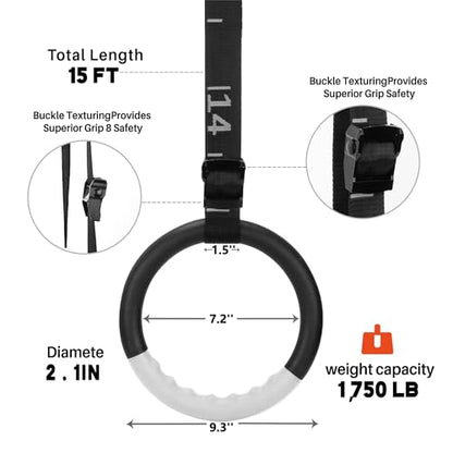Gymnastic Rings with 15 FT Adjustable Straps Non-Slip Gymnastics Rings Pull Up Workout Rings for Home Gym Exercise, Training