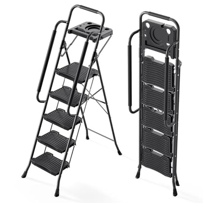 KINGRACK 5 Step Ladder with Tool Platform, 900 lbs Sturdy Step Stool with Handrail, Folding Steel Ladder with Wide Pedal, Safety Ladder for Adults Home Outdoor Painting Garage Office