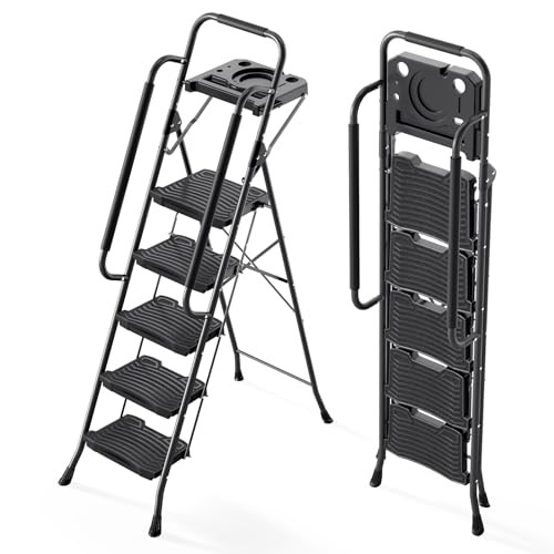 KINGRACK 5 Step Ladder with Tool Platform, 900 lbs Sturdy Step Stool with Handrail, Folding Steel Ladder with Wide Pedal, Safety Ladder for Adults Home Outdoor Painting Garage Office - size: 5-step with tool tray and handrail