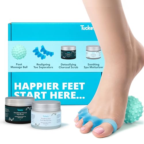 Tucketts Foot Spa Kit for Women - More than a Pedicure Kit with Foot Massage Ball, Toe Separators for Bunions, Charcoal Foot Scrub, Shea Butter Moisturizer for Dry Feet, Self Care Gifts for Women