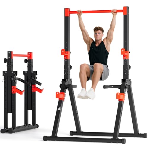 SogesPower Power Tower Pull Up Bar Station, Foldable Pull Up Dip Station Free Standing for Home Gym,Adjustable Pull Up Bar Stand Dip Bar Strength Training Workout Equipment,Triangular Design - color: Red