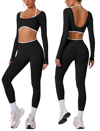 ABOCIW Workout Sets for Women Long Sleeve Crop Top Scrunch Butt Lifting High Waist Leggings 2 Piece Gym Yoga Outfits - color: Black, size: X-Small