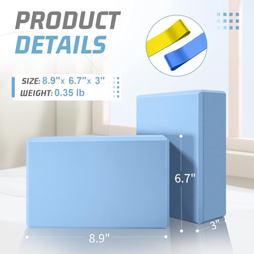 Yoga Blocks 2 Pack 3x6x9IN Foam Block Supportive Latex-Free with Stretch Band, Non-Slip Exercise Blocks for Pilates, Meditation, Balance, Stretching and Deep Poses - color: 2PACK-Light Blue