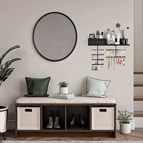 Jewelry Organizer Hanging Wall Mounted Jewelry Holder with Rustic Wood Drawer & Large Capacity Storage Shelf Rack Display for Earrings Rings Necklaces Bracelet(Black) - color: Black
