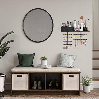Jewelry Organizer Hanging Wall Mounted Jewelry Holder with Rustic Wood Drawer & Large Capacity Storage Shelf Rack Display for Earrings Rings Necklaces Bracelet(Black) - color: Black