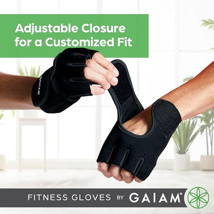 Gaiam Fitness Fingerless Gloves for Weight Training (Black/Black), Padded Palm, Breathable Mesh, Adjustable Velcro Fit & Comfort Grip for Weight Lifting, Workout Gloves for Men & Women - size: Medium-Large