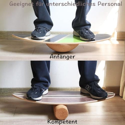 Maple Wood Balance Board with Roller and Half Ball Accessories - Dual-Mode Balance Trainer for Adults, Home Gym & Office Use, Surfboard Shape Design(31.5 x 11.8in) - color: Brown Black